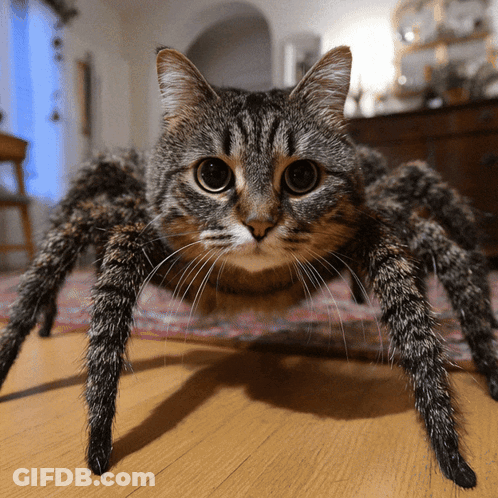 Cat That Looks Like Spider Standing On Wooden Floor GIF