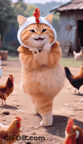 Cat Wearing Chicken Hat Surrounded By Chickens GIF
