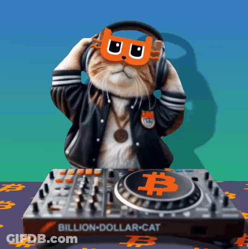 Cat Wearing Headphones In Front Of Billion Dollar Cat GIF