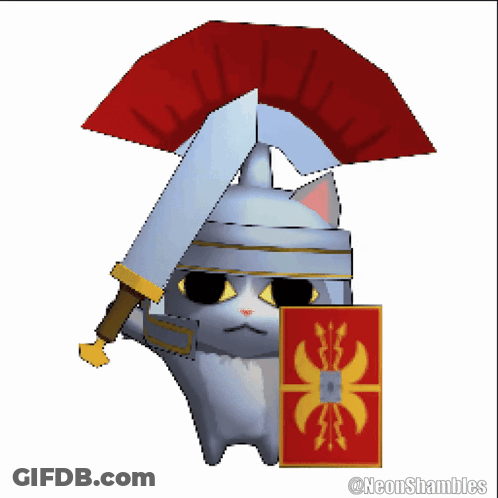 Cat Wearing Helmet Holding Fan And Shield GIF