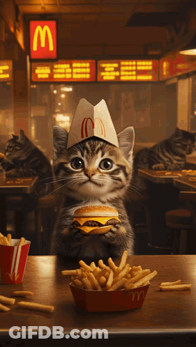 Cat Wearing McDonald's Cone Holding Hamburger And Fries GIF