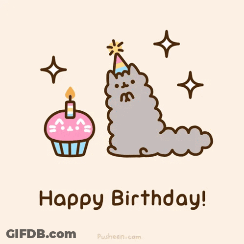 Cat Wearing Party Hat With Cupcake And Happy Birthday GIF