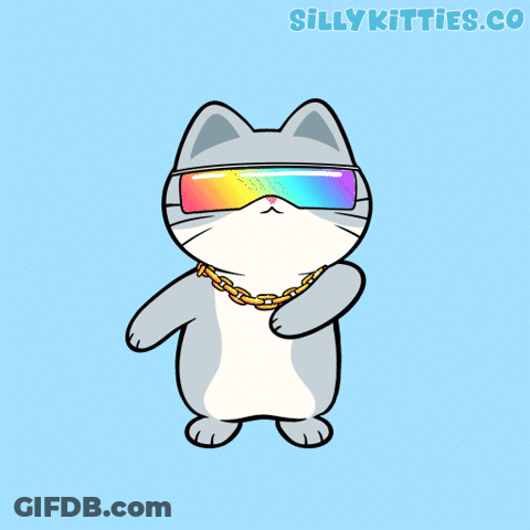 Cat Wearing Sunglasses And Gold Chain Says Sillykitties.co GIF