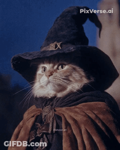 Cat Wearing Witch Hat And Cape GIF