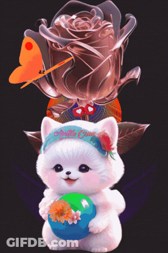 Cat With Apetite Cruz Headband Holding Globe In Front Of Rose GIF