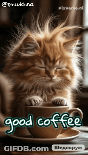 Cat With Cup Of Coffee Saying Good Coffee GIF