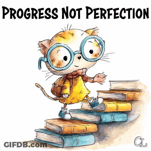 Cat With Glasses And Backpack On Books Saying Progress Not Perfection GIF