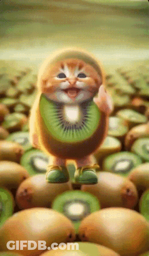 Cat With Kiwi Slice On Head In Kiwi Pile GIF