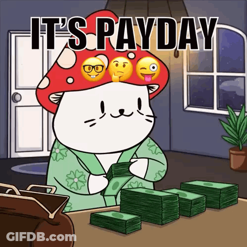 Cat With Mushroom Hat Says It's Payday GIF