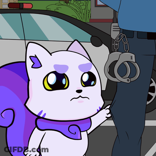Cat With Purple Squirrel Next To Police Officer GIF