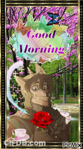 Cat With Rose Saying Good Morning GIF
