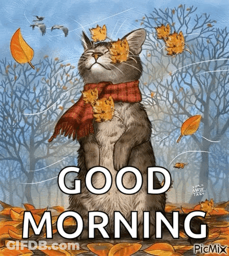 Cat With Scarf Surrounded By Leaves Good Morning GIF