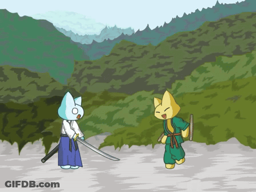Cat With Sword And Yellow Cat With Stick GIF