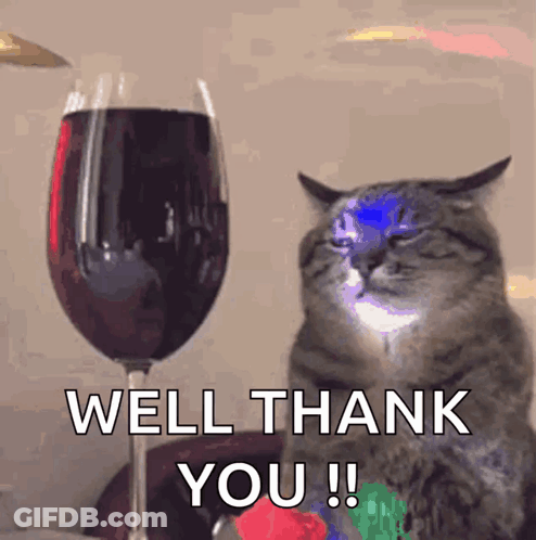 Cat With Wine Glass Saying Well Thank You!! GIF