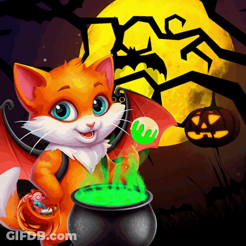 Cat With Wings Holding Cauldron Of Green Liquid GIF