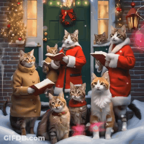 Cats Dressed As Santas Singing Christmas Carols GIF