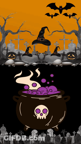 Cauldron With Skull In Cemetery With Witch Hats And Bats GIF