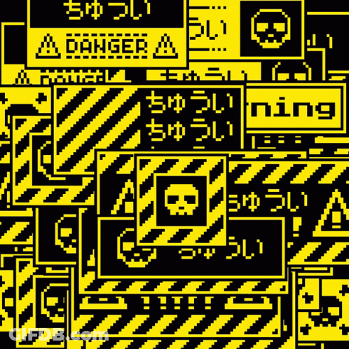 Caution Sign Surrounded By Other Signs GIF
