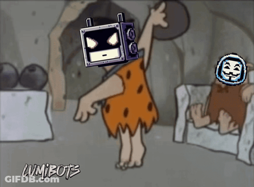 Caveman With Robot On Head Saying Lumibotes GIF