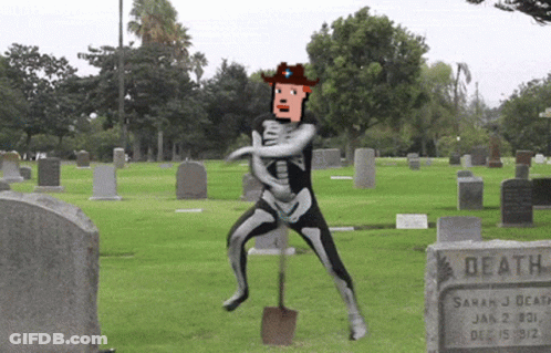 Cemetery Skeleton Holding Shovel At Sarah J. Death Grave GIF
