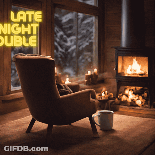 Chair In Front Of Fireplace With Late Night Double GIF