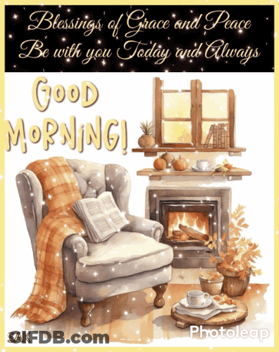 Chair Reading Book By Fireplace Saying Good Morning GIF