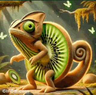 Chameleon With Slice Of Kiwi On Back GIF