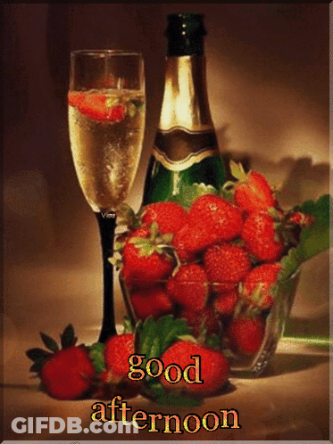 Champagne Bottle And Wine Glass With Strawberries GIF