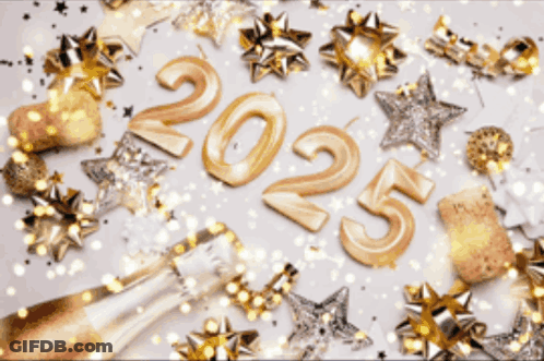 Champagne Bottle With Gold And Silver Decorations And 2025 Candles GIF