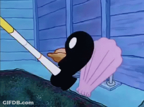 Character Holding Brush Near Pink Shell And Black Object GIF