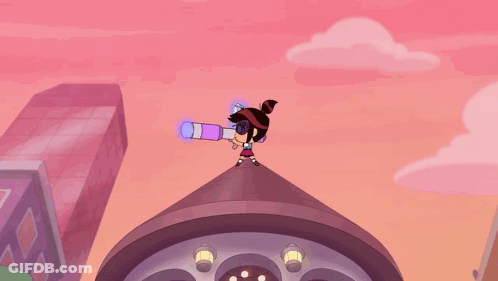 Character With Camera Standing Next To Purple Object GIF