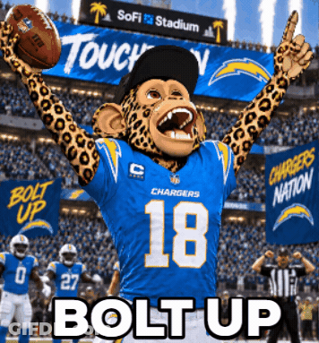 Chargers Mascot Holding Football In Front Of Crowd GIF