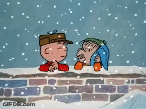 Charlie Brown And Linus Peanut Sit On Brick Wall Looking At Snow GIF