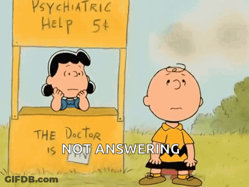 Charlie Brown And Lucy Brown Are Standing In Front Of A Psychiatric Help Stand GIF