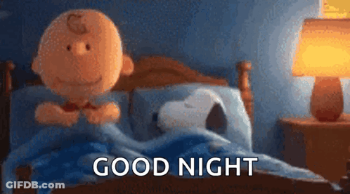 Charlie Brown And Snoopy Are Sleeping In A Bed With The Words `` Good Night '' Written On The Bottom . GIF