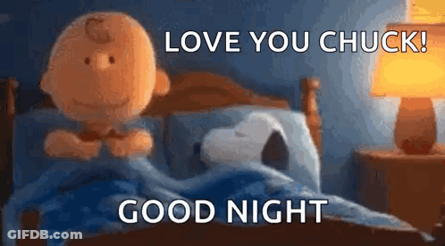 Charlie Brown And Snoopy Are Sleeping In A Bed With The Words `` Love You Chuck , Good Night '' . GIF