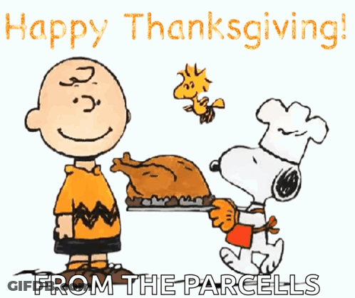 Charlie Brown And Snoopy Holding Turkey Happy Thanksgiving GIF