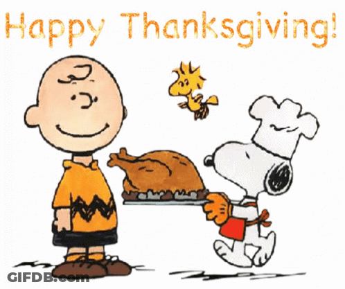 Charlie Brown And Snoopy Holding Turkey Happy Thanksgiving GIF