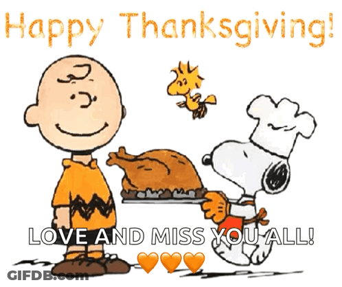 Charlie Brown And Snoopy Holding Turkey Saying Happy Thanksgiving Love And Miss You All GIF