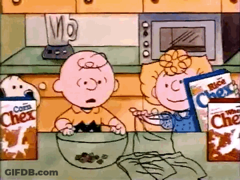 Charlie Brown And Snoopy Making Chex Cereal GIF