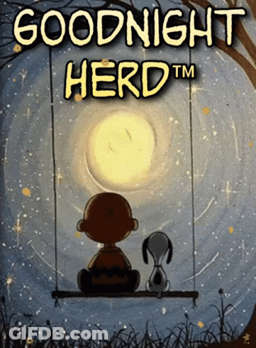 Charlie Brown And Snoopy Sitting On A Swing With The Words Goodnight Herd Tm Below Them GIF