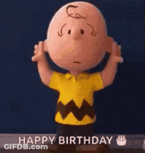 Charlie Brown From The Peanuts Movie Is Holding His Hands Over His Head And Says `` Happy Birthday '' . GIF