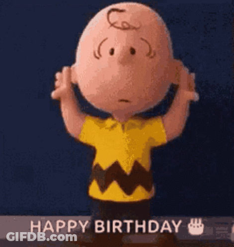 Charlie Brown From The Peanuts Movie Is Holding His Hands Up In The Air And Says Happy Birthday . GIF