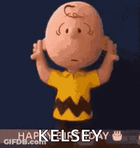Charlie Brown From The Peanuts Movie Is Holding His Hands Up In The Air And Says Happy Kelsey . GIF