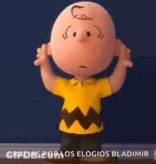 Charlie Brown From The Peanuts Movie Is Standing In A Room With His Arms In The Air . GIF