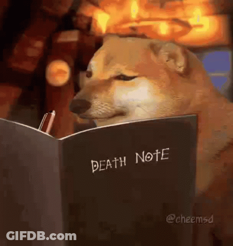 Cheems Dog Reading Death Note With Pen GIF