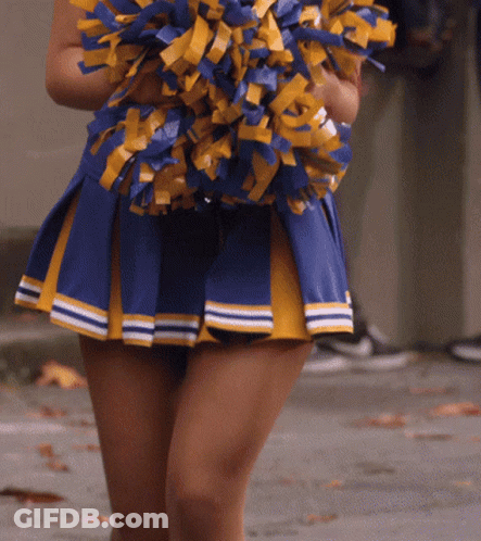 Cheerleader In Blue And Yellow Skirt Holding Pom Poms GIF