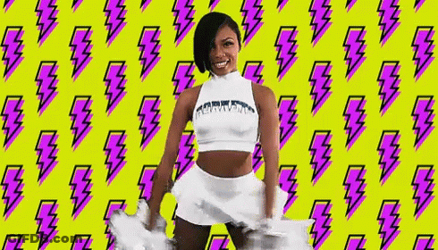 Cheerleader In Front Of Yellow Background With Lightning Bolts GIF