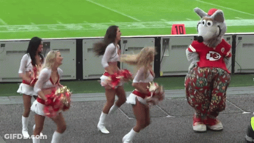 Cheerleaders Dancing In Front Of Chiefs Mascot GIF