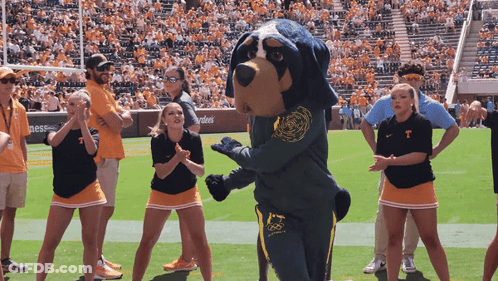 Cheerleaders Dancing In Front Of Mascot GIF